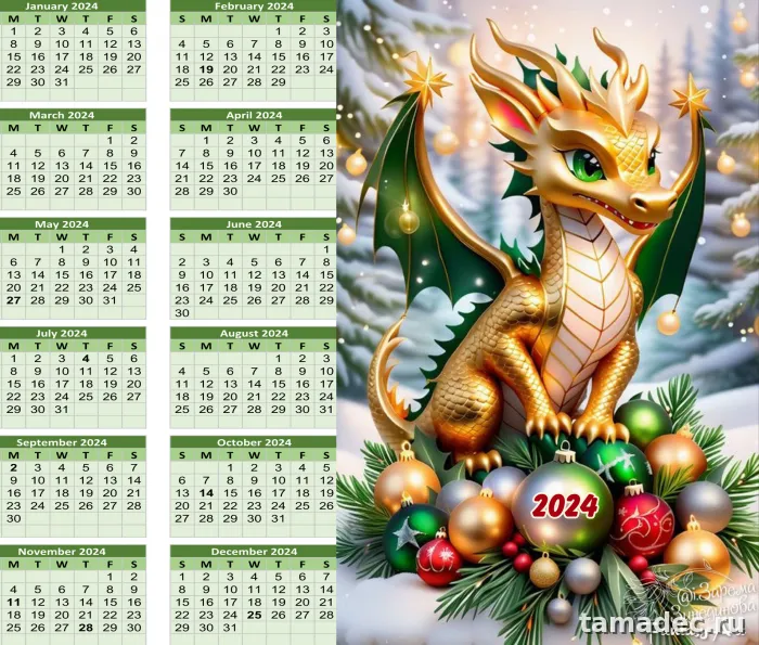 Календари с драконами на 2024 год скачать. Красивые календари на год зеленого Дракона 2024&nbsp;