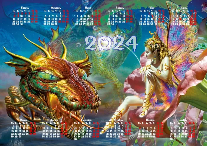 Календари с драконами на 2024 год скачать. Красивые календари на год зеленого Дракона 2024&nbsp;
